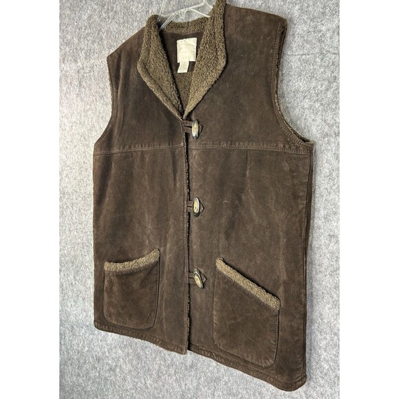 J.jill Leather Vest Sherpa Lined Button Front Pockets Brown Size Medium - Picture 2 of 8